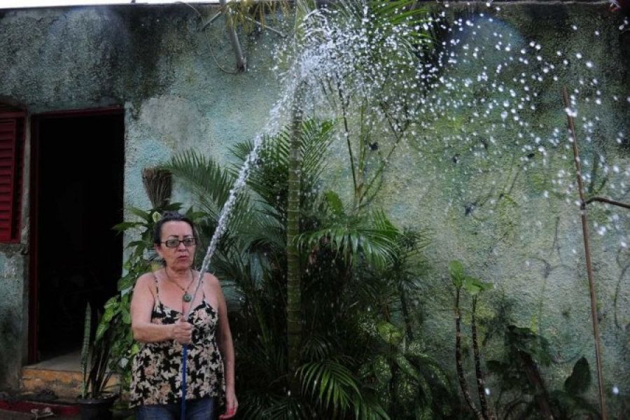 Com umidade relativa do ar chegando aos 14%, a costureira Vilma Lúcia adquiriu o hábito de jogar água de mangueira no telhado da casa - (crédito: Minervino Júnior/CB/D.A.Press)